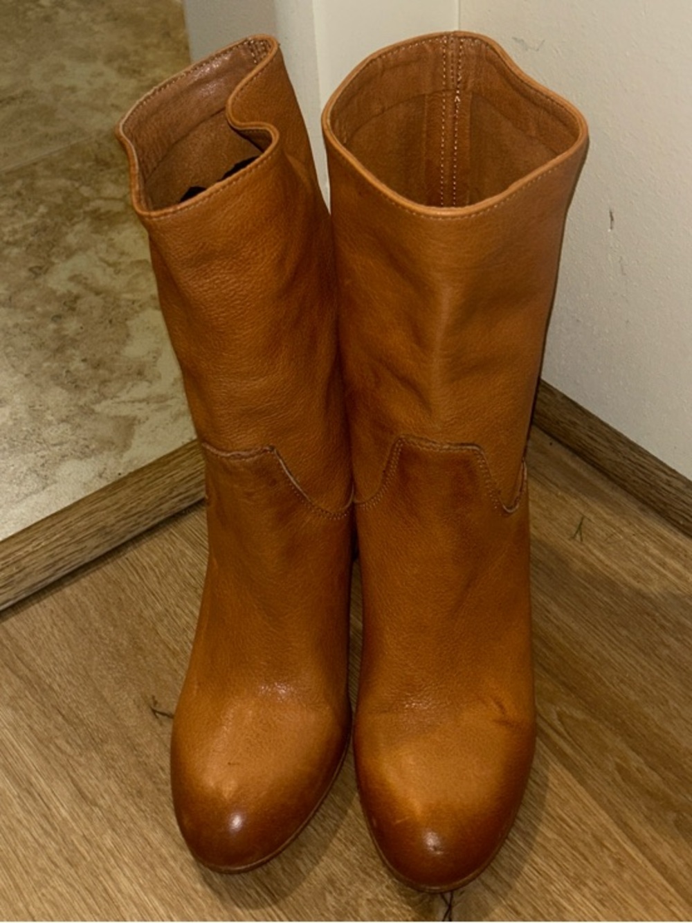 Free People Cognac Leather Mid-Calf Heeled Boots